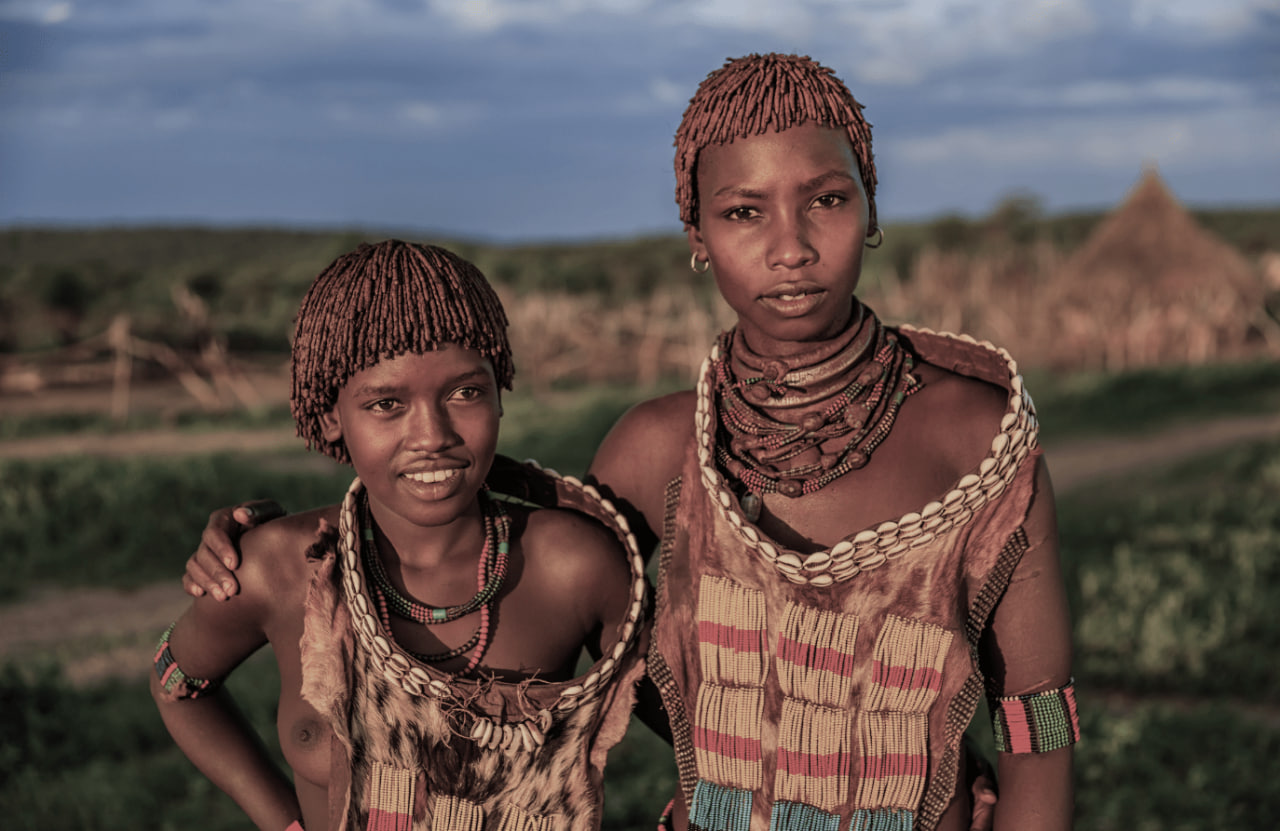 Hamar tribe women in traditional dress and beadwork, Omo Valley, Ethiopia