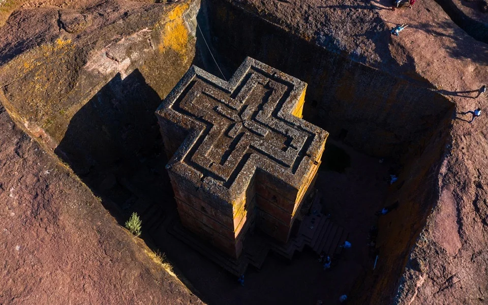 Aerial view of the cross-shaped Church of Saint George, Lalibela, Ethiopia