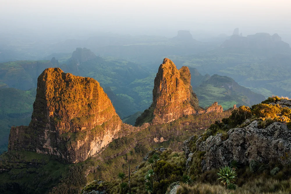 Jagged sandstone peaks at sunset in the Simien Mountains, Ethiopia