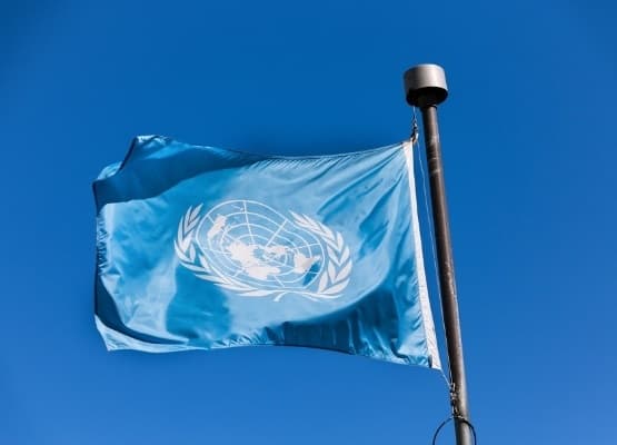 United Nations flag waving against a clear blue sky