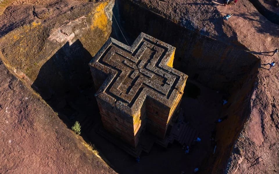 Aerial view of the cross-shaped Church of Saint George, Lalibela, Ethiopia