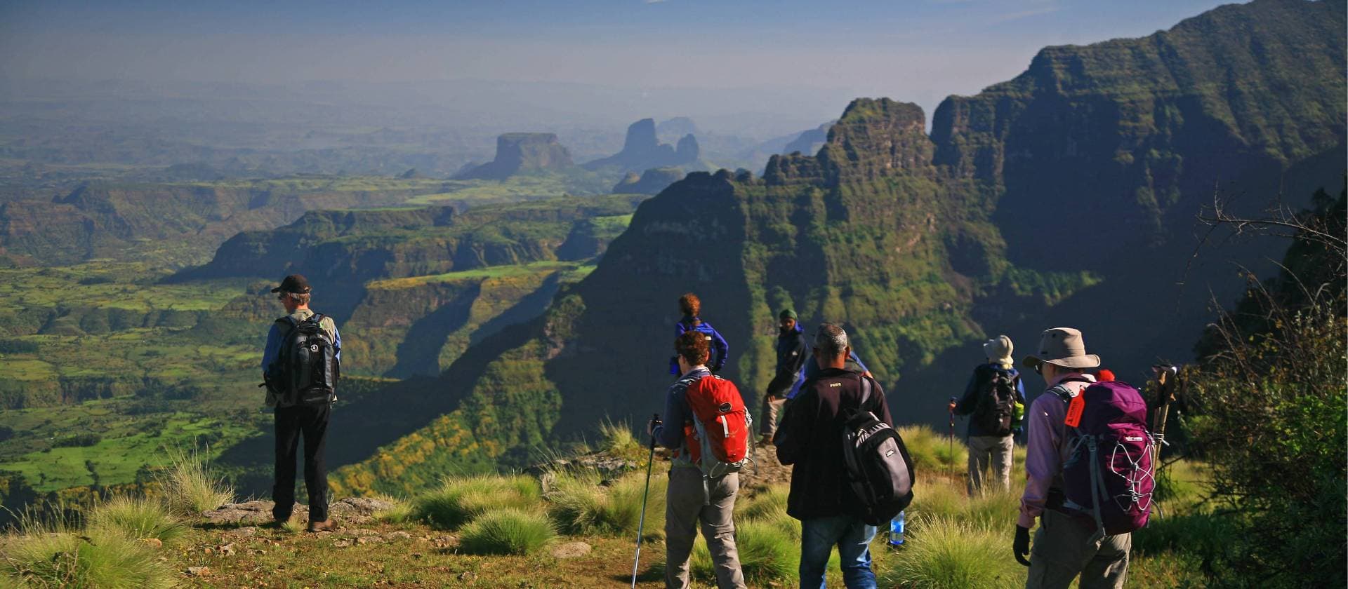 Group of trekkers admiring the jagged peaks and valleys of Simien Mountains National Park, Ethiopia