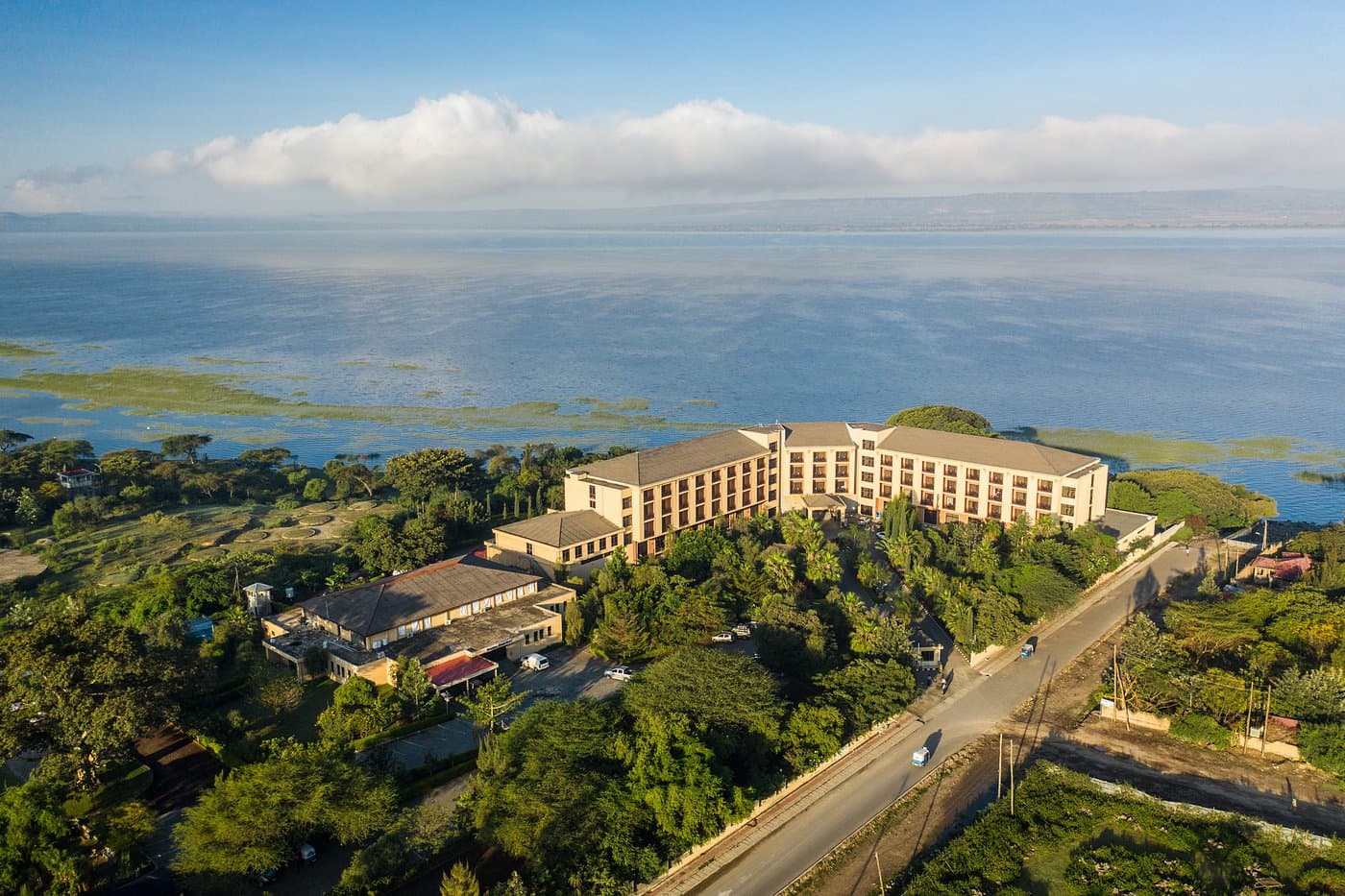 Aerial view of a lakeside resort in Ethiopia