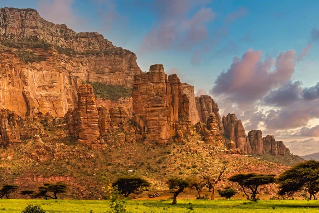 Towering sandstone rock pillars and cliffs in the Tigray region of northern Ethiopia