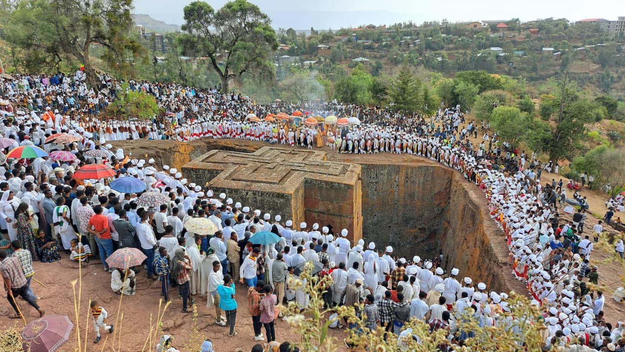 Pilgrims celebrating the Timket (Epiphany) festival procession near Lalibela, Ethiopia