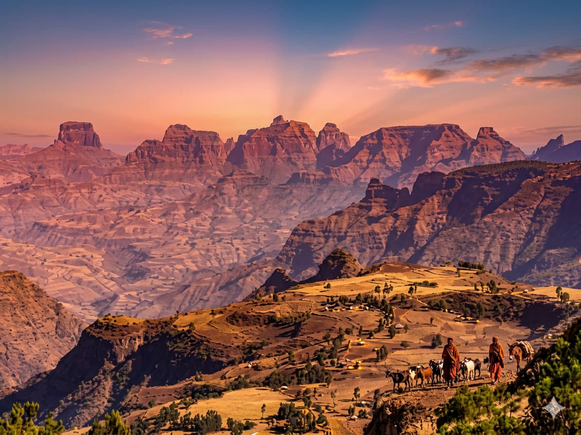Herders walking with goats along a ridge in the Simien Mountains at sunset