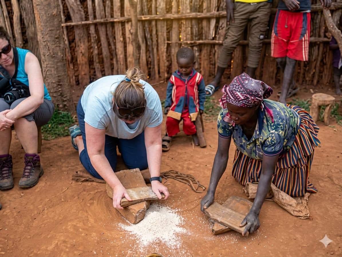 Tourist learning traditional grain grinding with a South Omo village woman