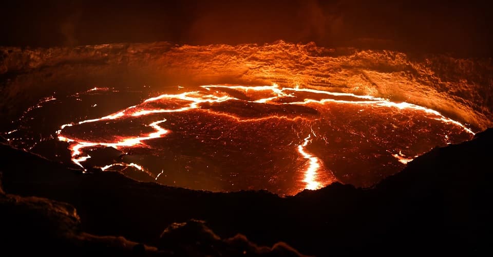Glowing lava lake at Erta Ale volcano in the Danakil Depression, eastern Ethiopia