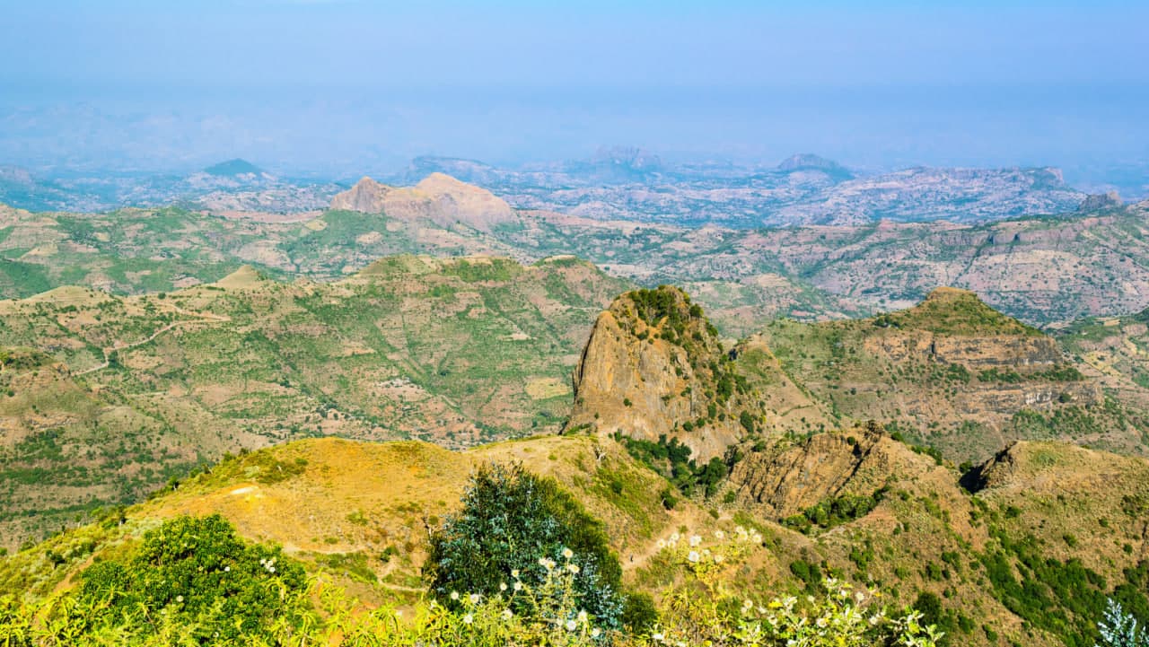 Panoramic view of Ethiopia's rugged highland topography and mountain peaks