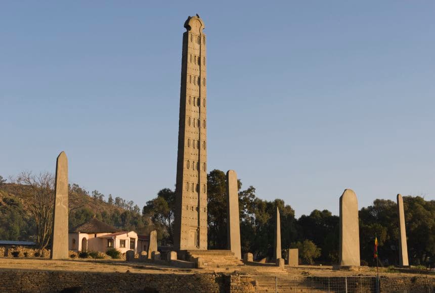 Row of ancient obelisks in the Stelae Field of Axum at sunset, Ethiopia