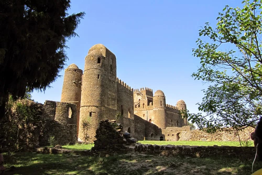 Fasil Ghebbi castle ruins surrounded by trees in Gondar, Ethiopia