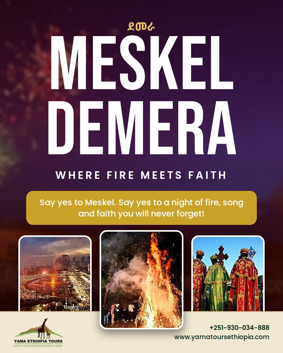 Ornate wooden Meskel Demera pyramid encircled by yellow flowers and clergy in colourful vestments