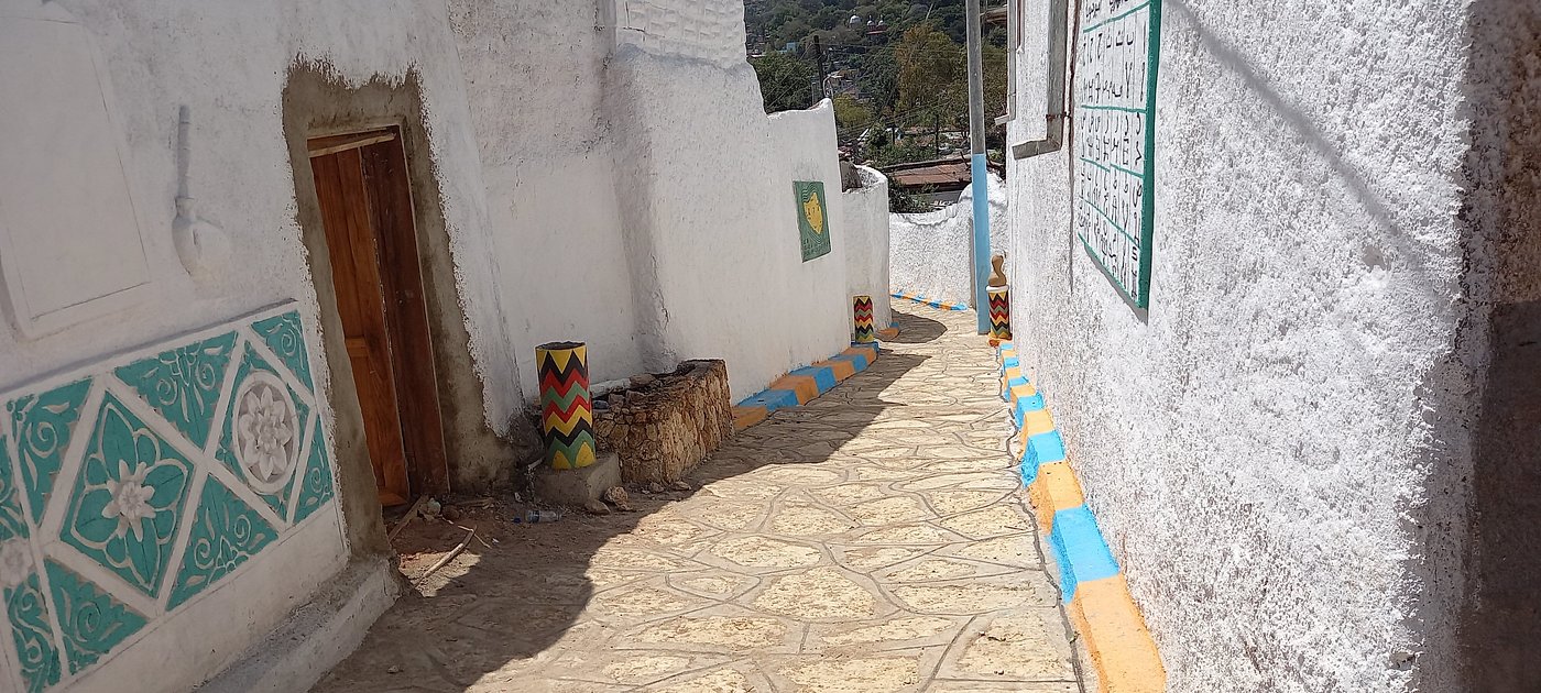 Narrow decorated alleyway in the historic walled city of Harar, Ethiopia