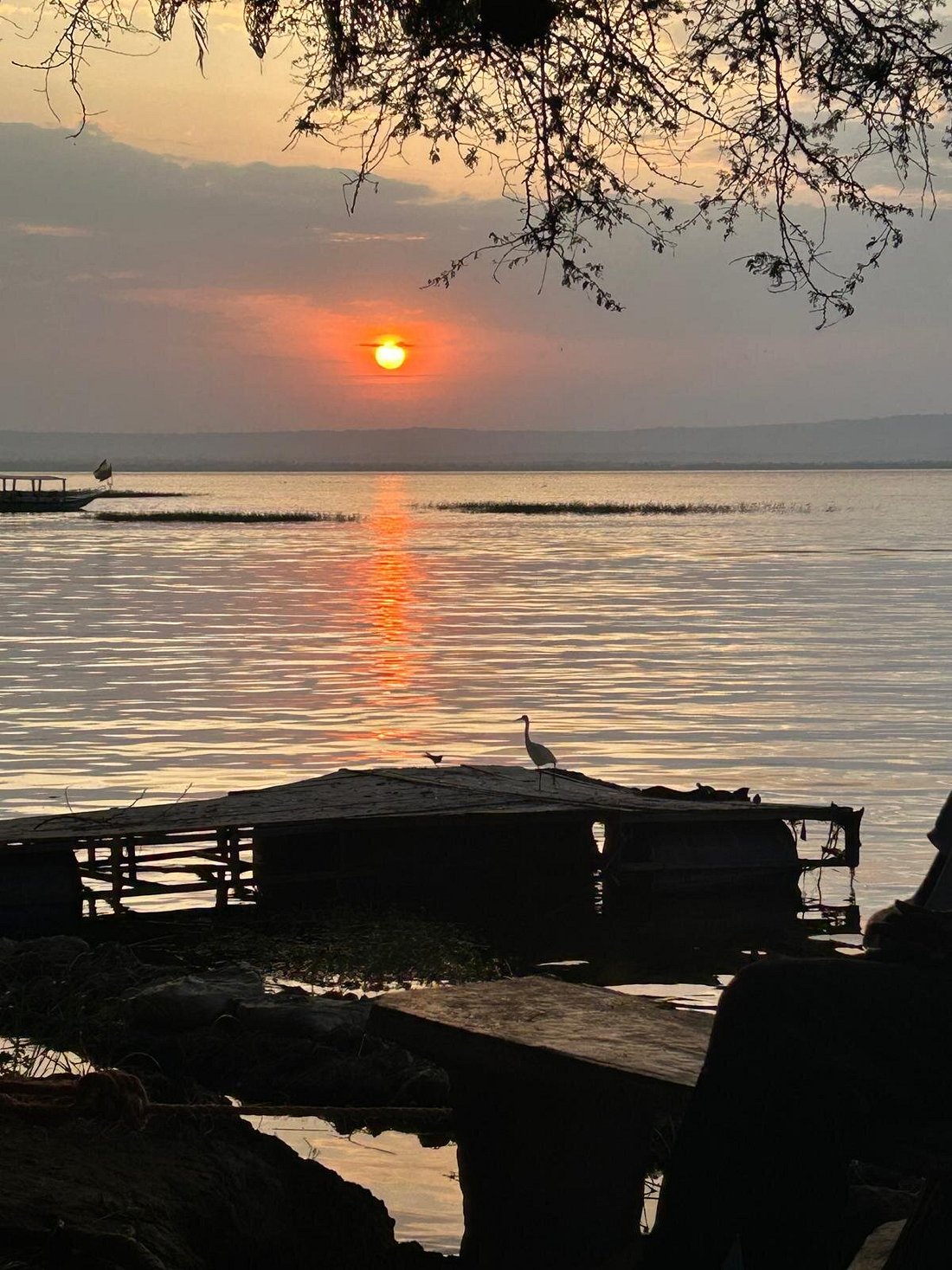 Vivid orange sunset reflecting on the water with a heron perched on a wooden dock