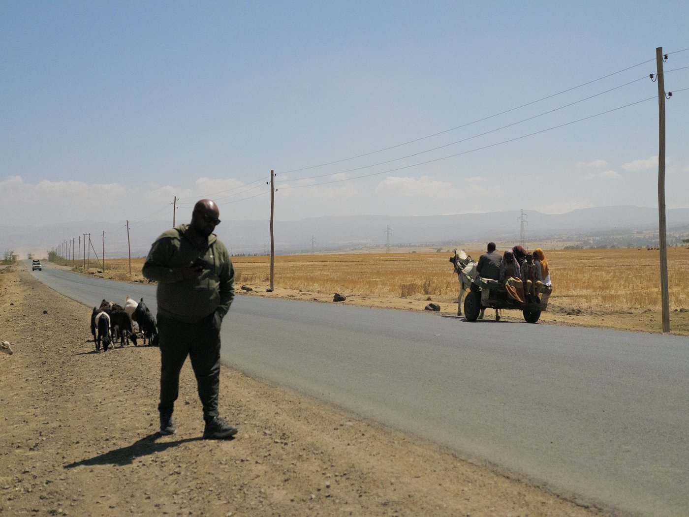 Local man beside a donkey cart carrying passengers on a rural Ethiopian road