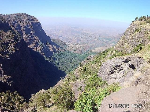 Panoramic view down a deep valley in the Simien Mountains, Ethiopia