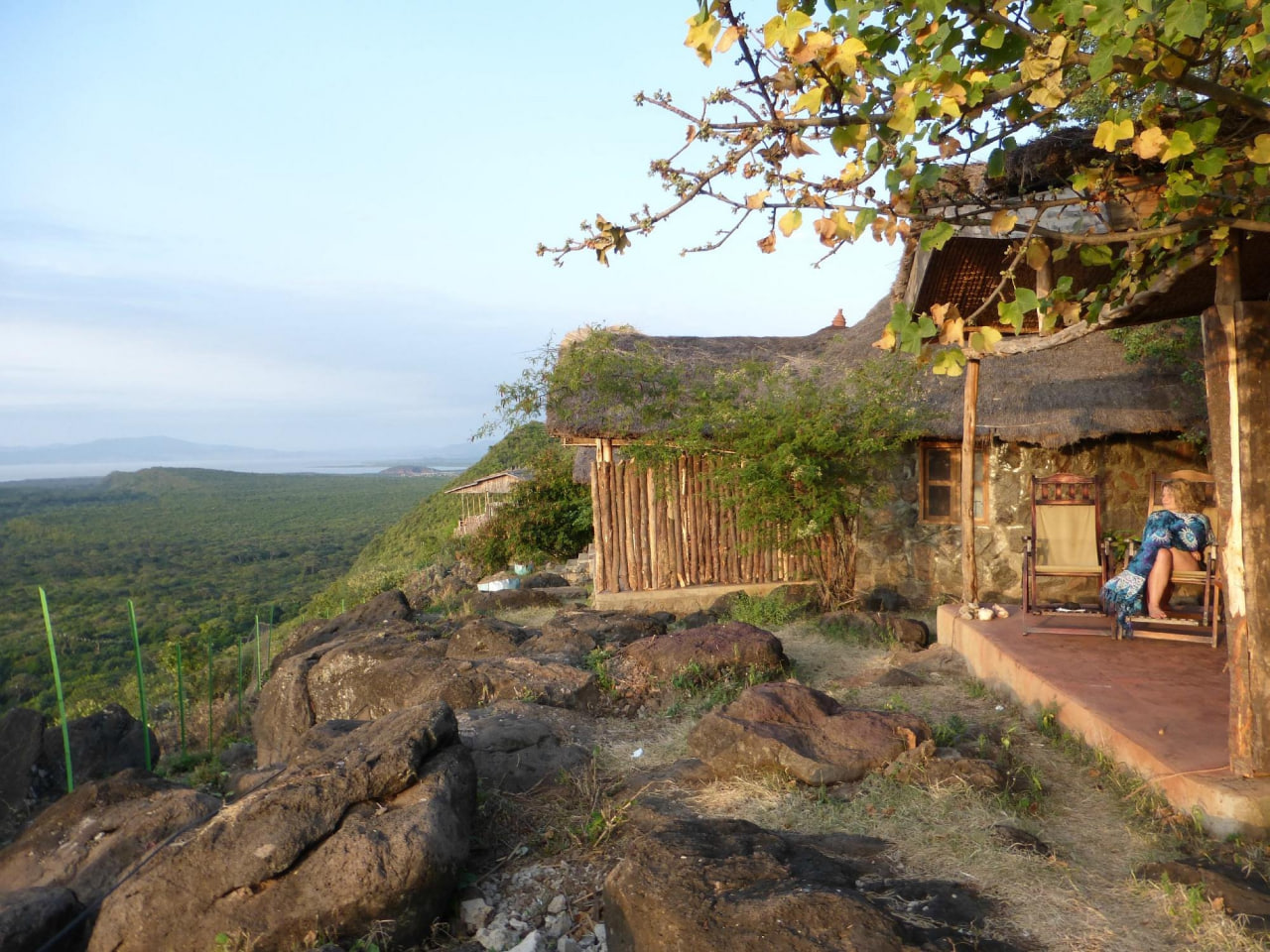 Thatched-roof eco-lodge with panoramic lake views on a hilltop in Ethiopia