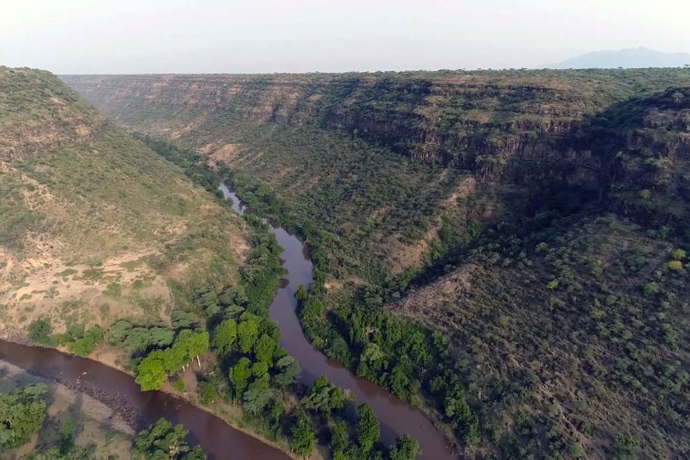 Aerial view of the Awash River winding through a green canyon
