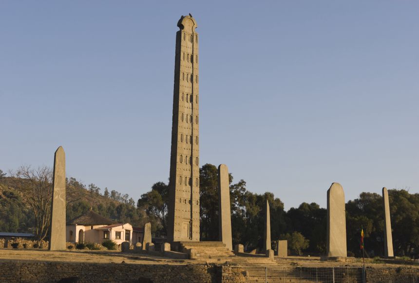 Row of ancient obelisks in the Stelae Field of Axum at sunset, Ethiopia