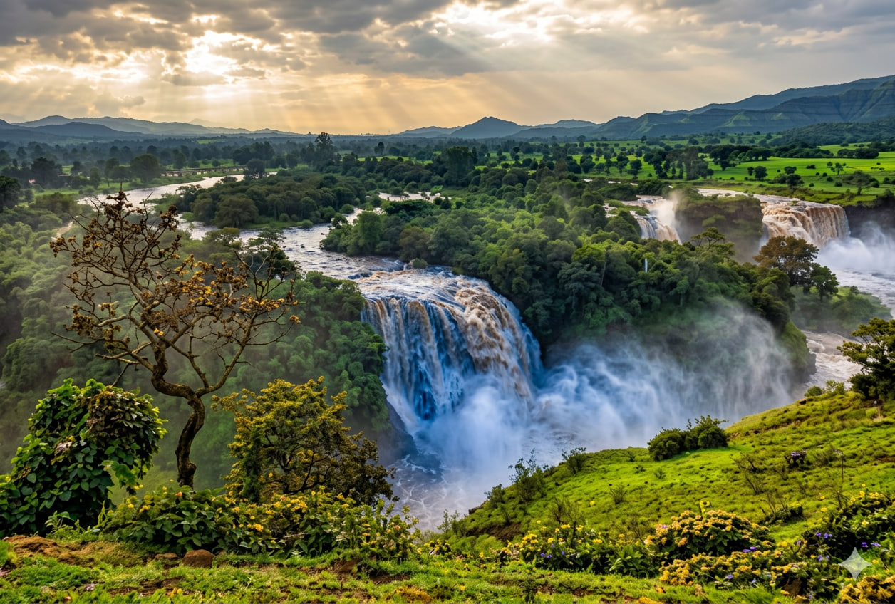 Blue Nile Falls cascading through lush green landscape near Bahir Dar