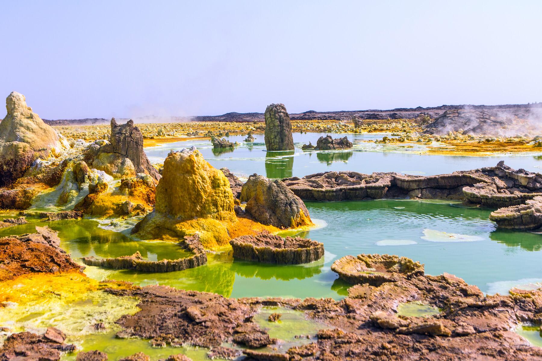 Colorful sulfur mineral formations and acid pools at Dallol, Danakil Depression