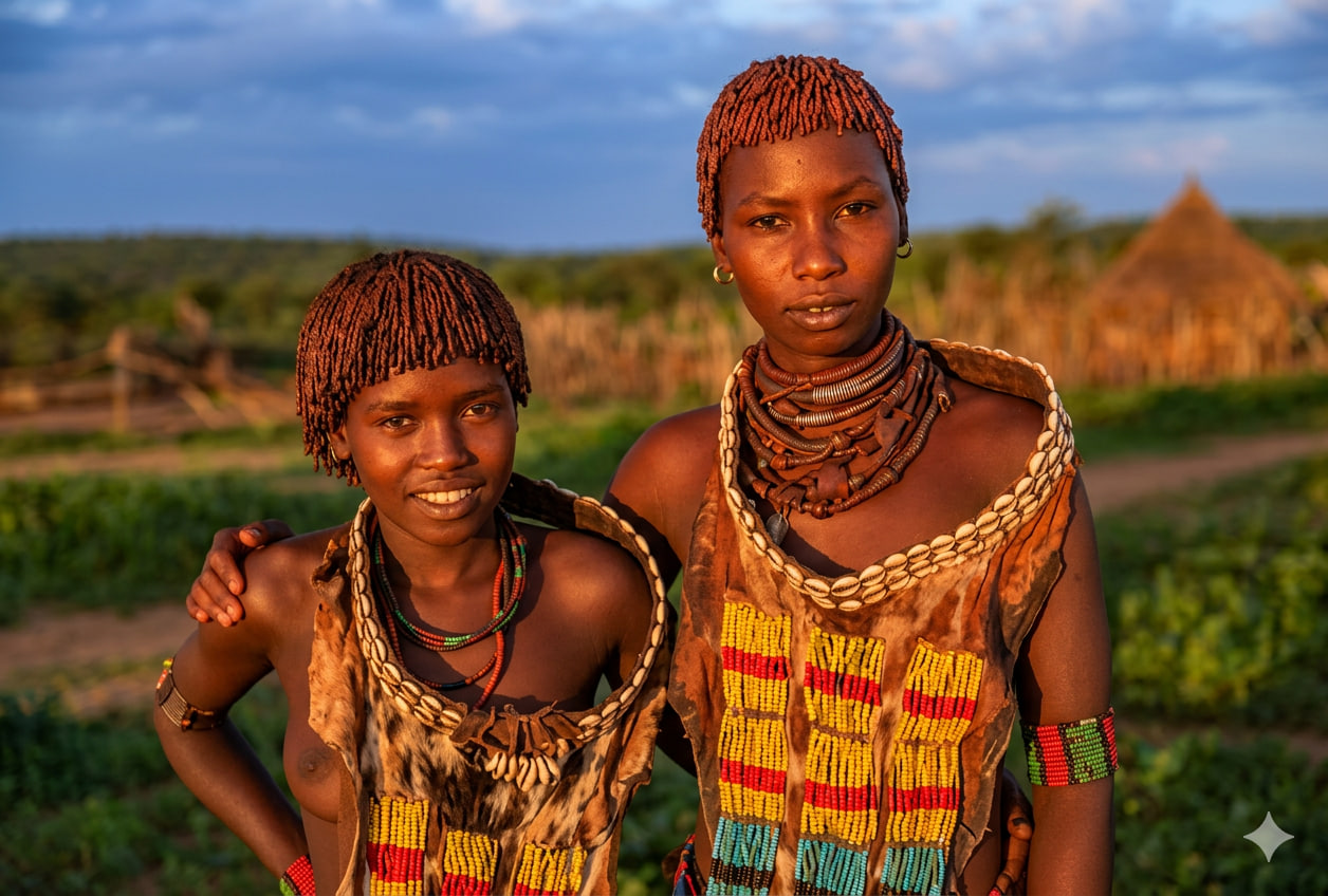 Portrait of two Hamar women in traditional beaded attire, Omo Valley