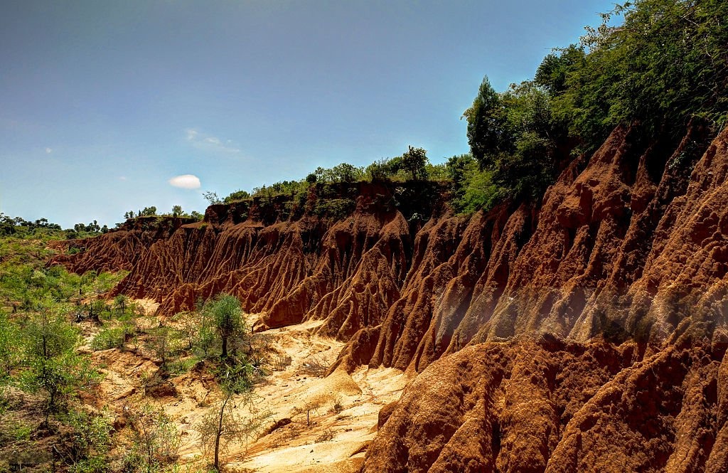 Eroded red canyon rock formations near Konso in southern Ethiopia