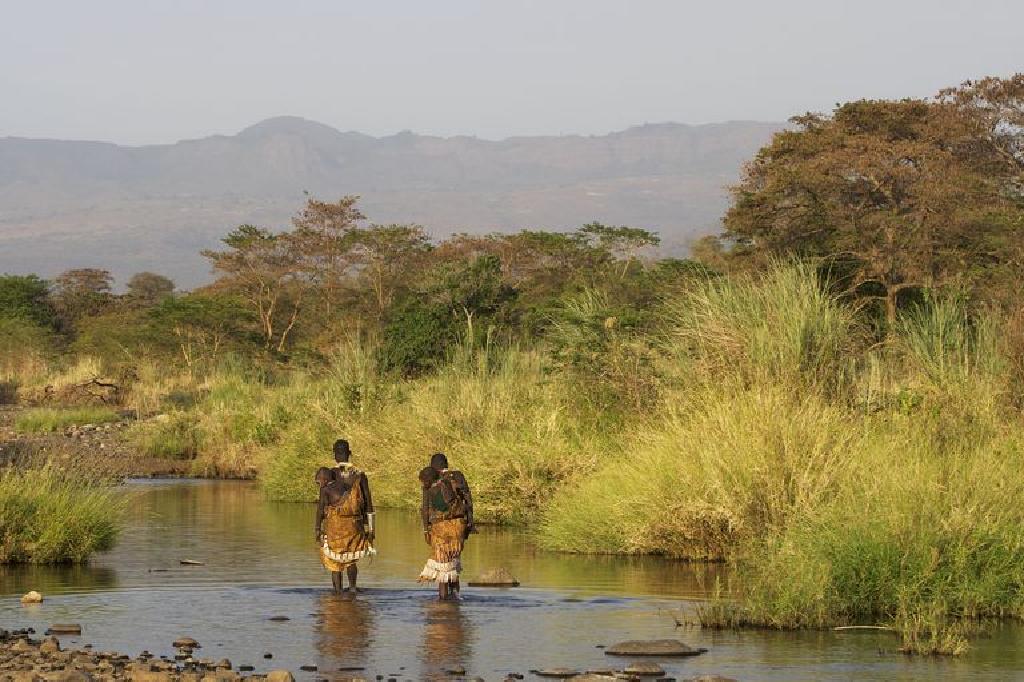 Local tribespeople wading across a river in the Omo Valley, southwestern Ethiopia