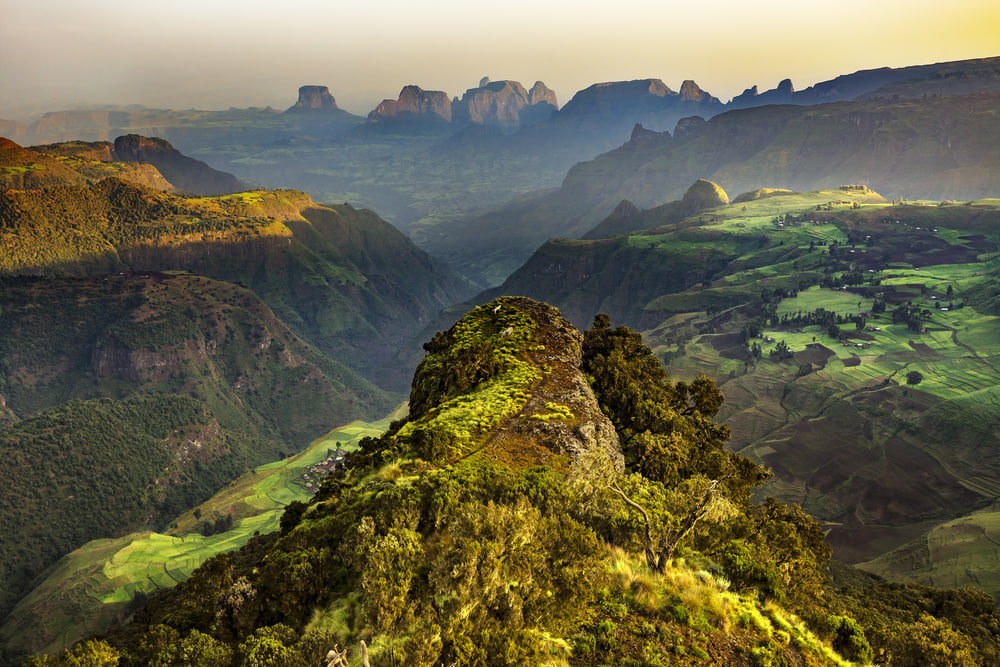 Sunrise over the rugged peaks and green valleys of the Simien Mountains
